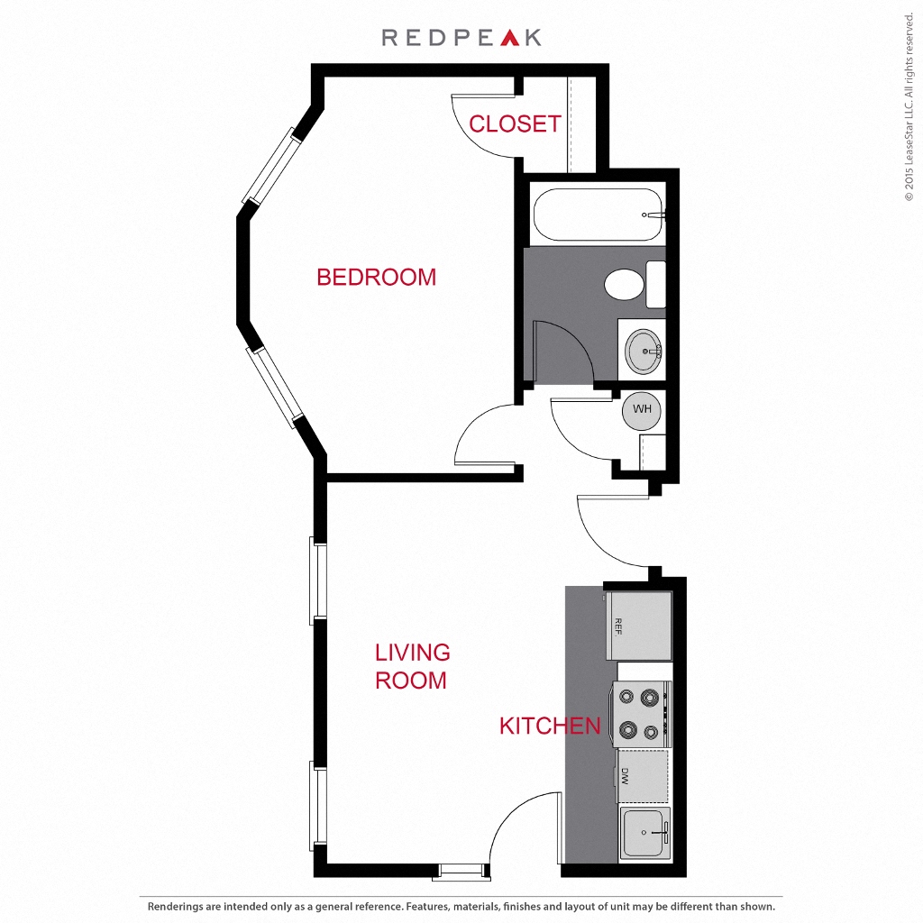 Floor plan for 1 bed, 1 bath, 610 sqft